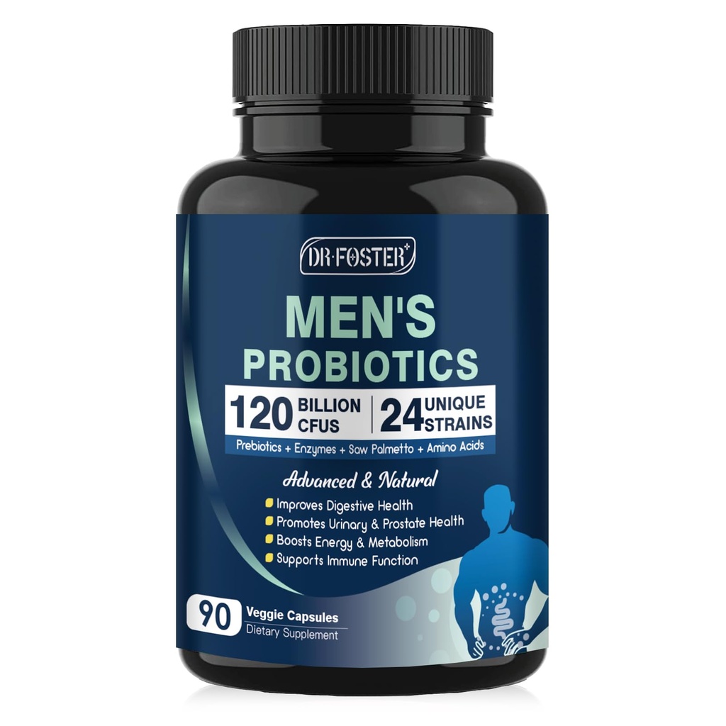 Probiotyki dla mężczyzn Digestive Health, 120 Miliard CFU Mens Probiotic z Digestive Enzymes & Prebiotyki & Piła Palmetto & Żurawina dla Gut, Prostate & Urynary Tract Health, Szafka Stable, 90 Kapsułki