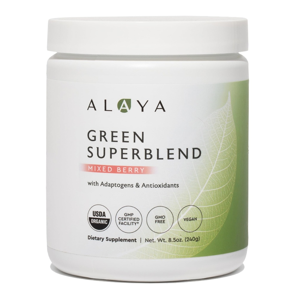 Alaya Organic Super Zielone Proszek - Premium Green Juice Superfood Supplement Proszek - Adaptogeny, Przeciwutleniacze i Probiotyki Mieszanka - USDA Organic, Non-GMO, Wegan - 30 Słupki (Mieszane Berry)