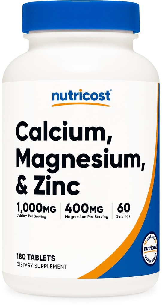 Nutricost Wapń, Magnez i Cynk Tabletki 1,415 mg, 180 Tabletki - Suplement Witaminy / Mieszanki mineralne, 60 Słupki - Bez glutenu, Nie-GMO