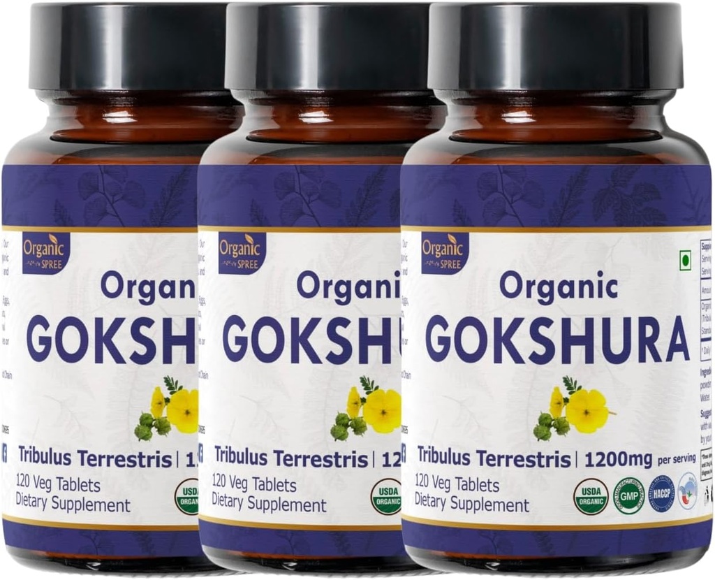 Gokshura 120 Tabletki 124; Tribulus Terrestris (Gokshura) Xi124; USDA Organic Certified Xi124; Wsparcie odporności i siły 124; Organic and Natural 120tab - Opakowanie 3