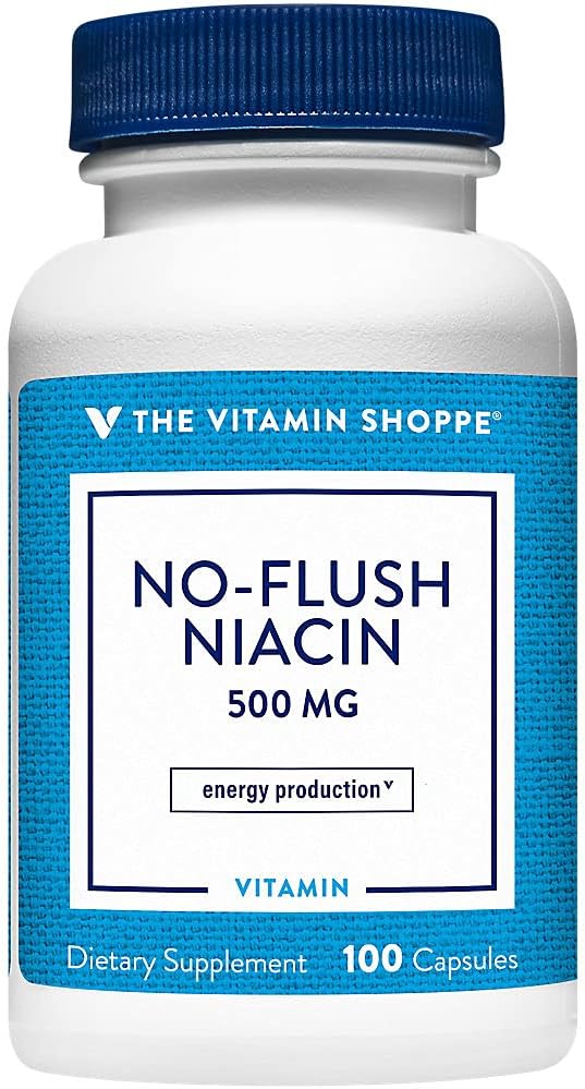 Witamina Shoppe No Flush Niacin 500MG, Wspiera poziomy cholesterolu już w normalnym zakresie, Wspiera metabolizm i wytwarzanie energii, Raz dziennie (100 kapsułek)