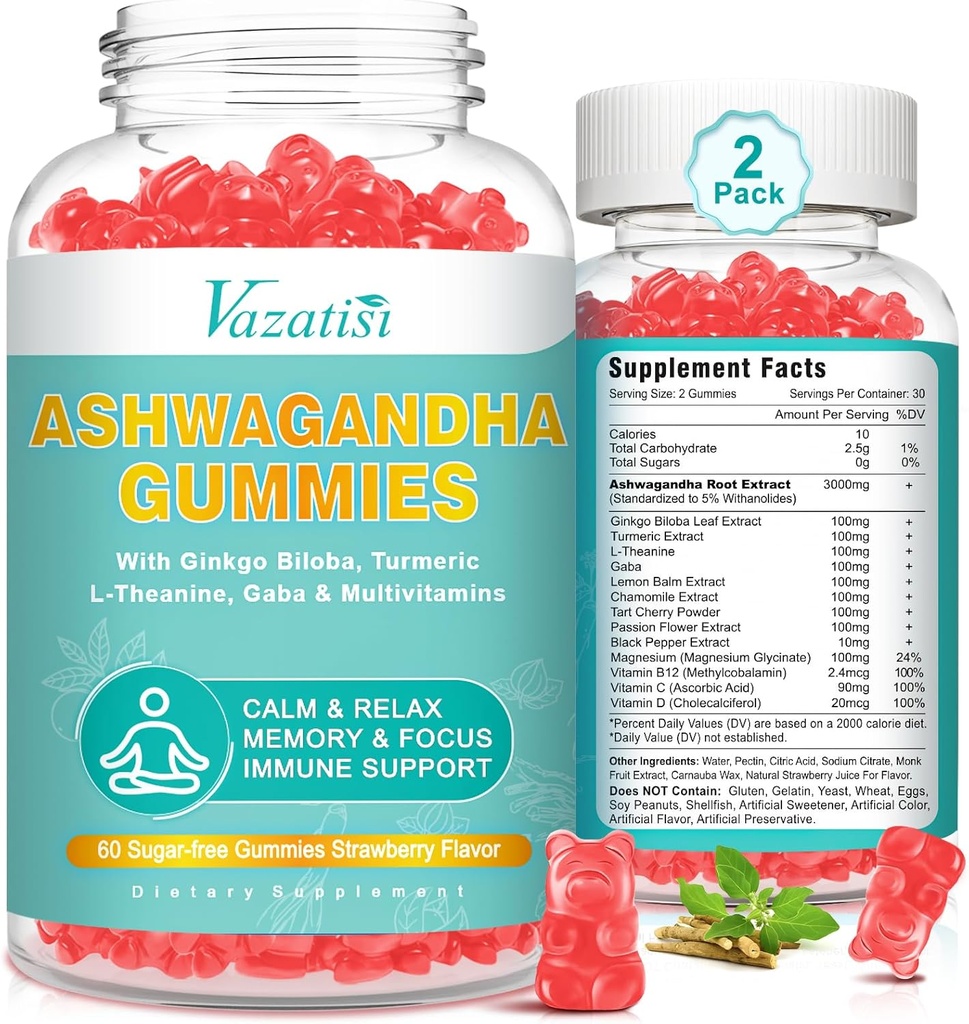 2 Pack Ashwagandha Gummies z Turmeric GABA Mood Energy and Immotive Support, Strawberry Flavor 120 Cts