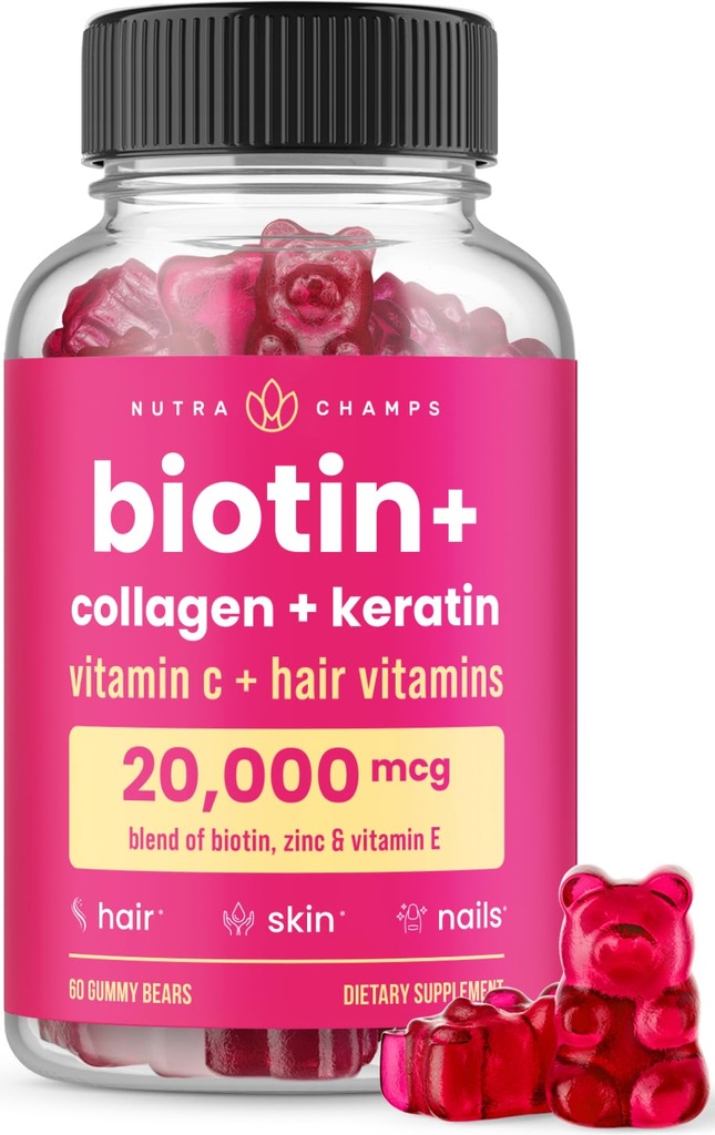 NutraChamps Hair Skin & Nails Gummies Between 124; Biotin with Collagen & Keratin between 124; 5000mcg Biotin Beauty Complex Between 124; Suplement witaminy dla kobiet i mężczyzn 124; Berry Between 124; Zdrowe włosy, Promieniowa skóra i silne paznokcie