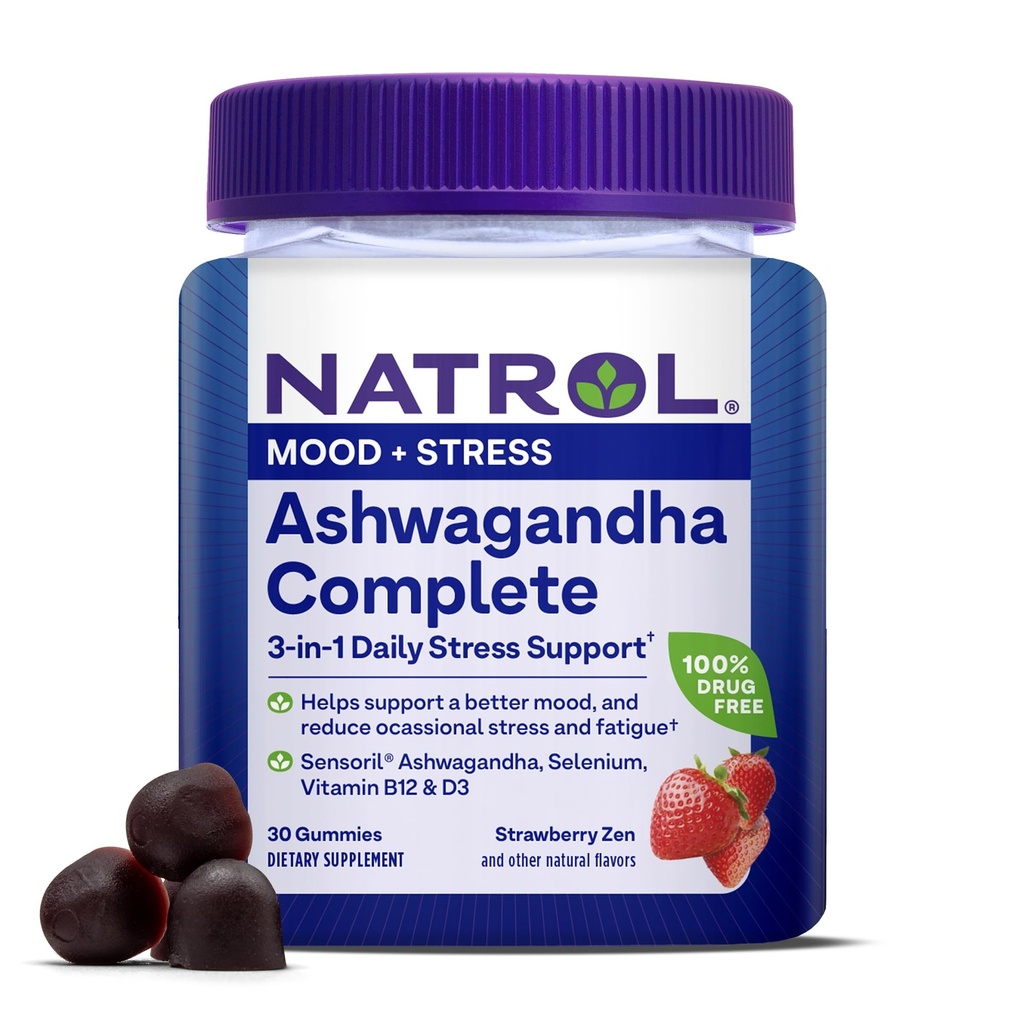 Natrol Ashwagandha Complete Gummy, 3- in-1 Daily Stress Supports Better Mood, Redukuje stres okolicznościowy i zmęczenie, 30 Gummies, Aż do 15 Day Supply