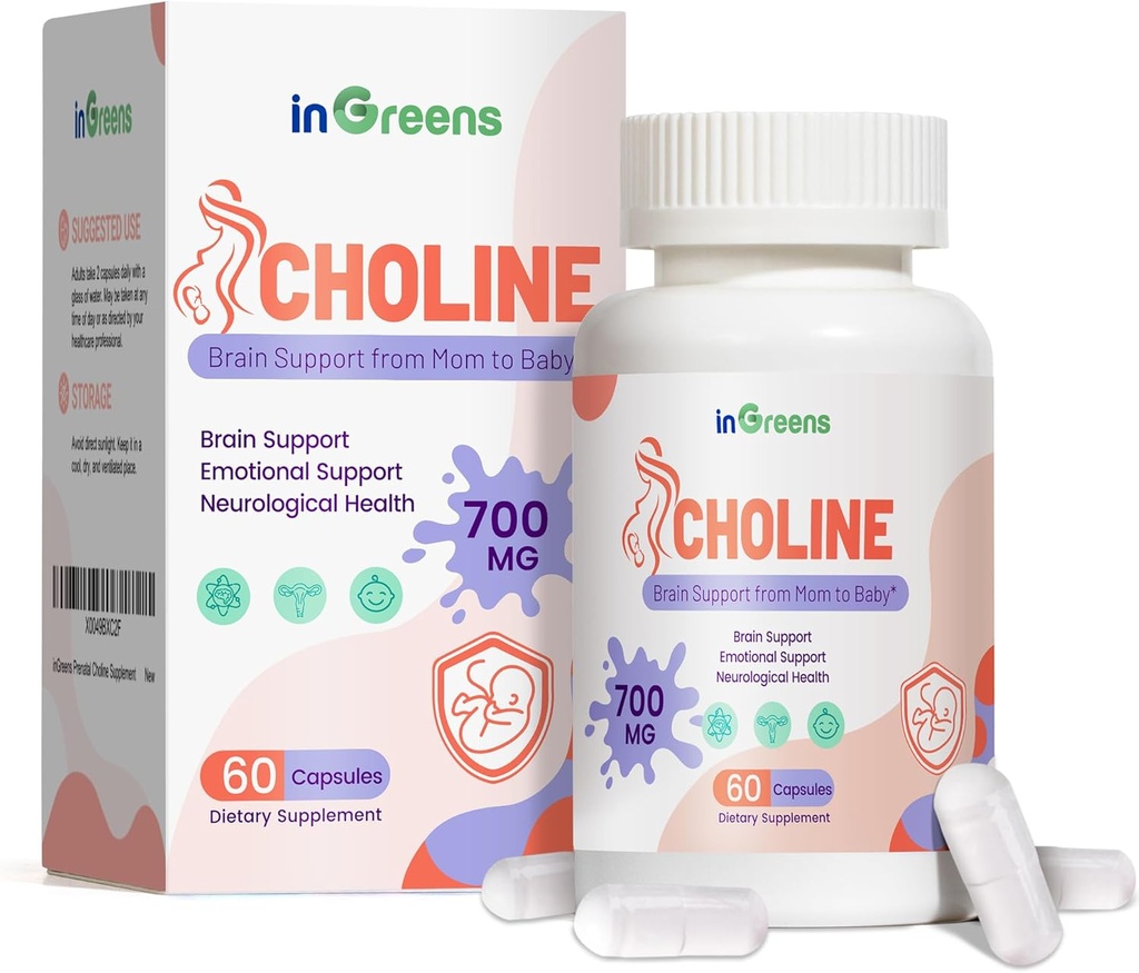 Prenatal Choline Supplement, 500mg, z Inositol, B1, B6, Rozwój mózgu w Utero / Wczesne życie, Zwiększenie zawartości choliny w mleka piersi 30 Day Supply