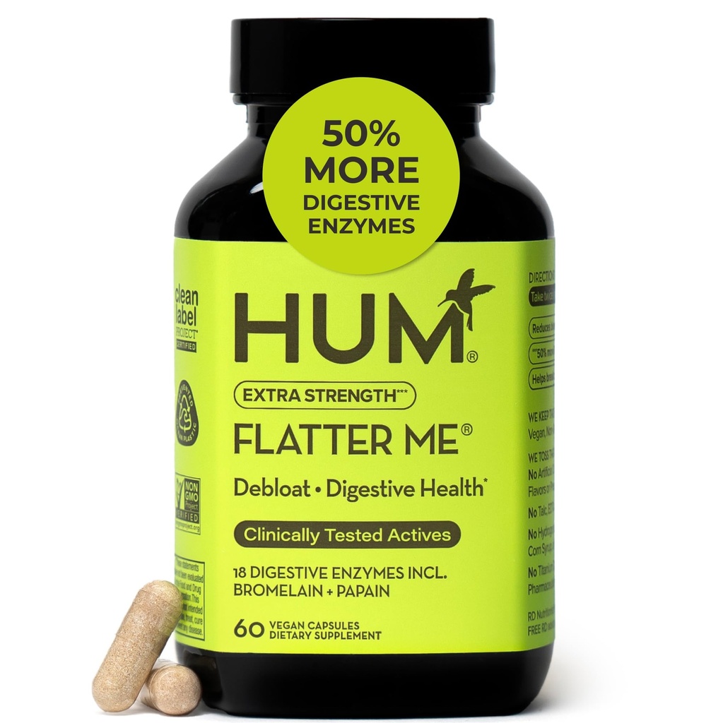 HUM Flast Me Extra Siła Digestive Enzymy dla Kobiet, Mężczyźni, Digestive Gut Bloating Supplement, Ginger, Peppermint Leaf, Szybkie działanie Anti Bloat Pills Multi Enzyme dla Debloating, 60 Kapsułki