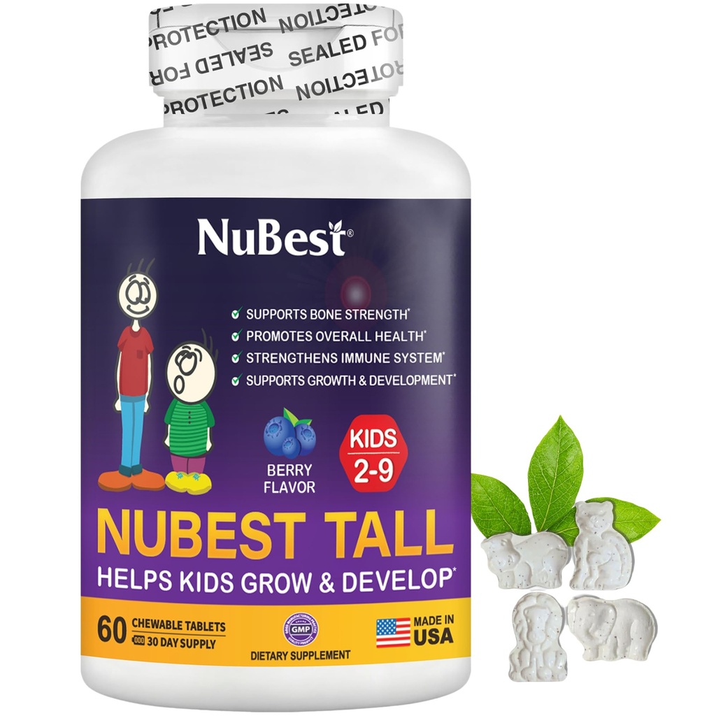 NuBest Tall Kids - Multivitamin & Minerals for Age 2 to 9 - Siła kości i wsparcie odporności - Pomaga dzieciom, Toddlers Zdrowe - Kształty zwierząt - 60 Jagodowe tabletki do żucia 124; 1 Miesiąc dostaw