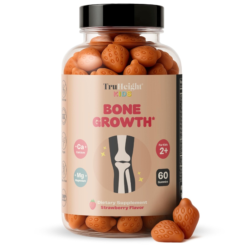 TruHeight Kids Bone Gummies (Truwberry, Ages 2 +) Wysokie odżywianie dla naturalnego wzrostu dla dzieci i dzieci - Witamina D, Wapnia, K, Magnezu Multivitamina, Witaminy kości, D3 K2, Taller