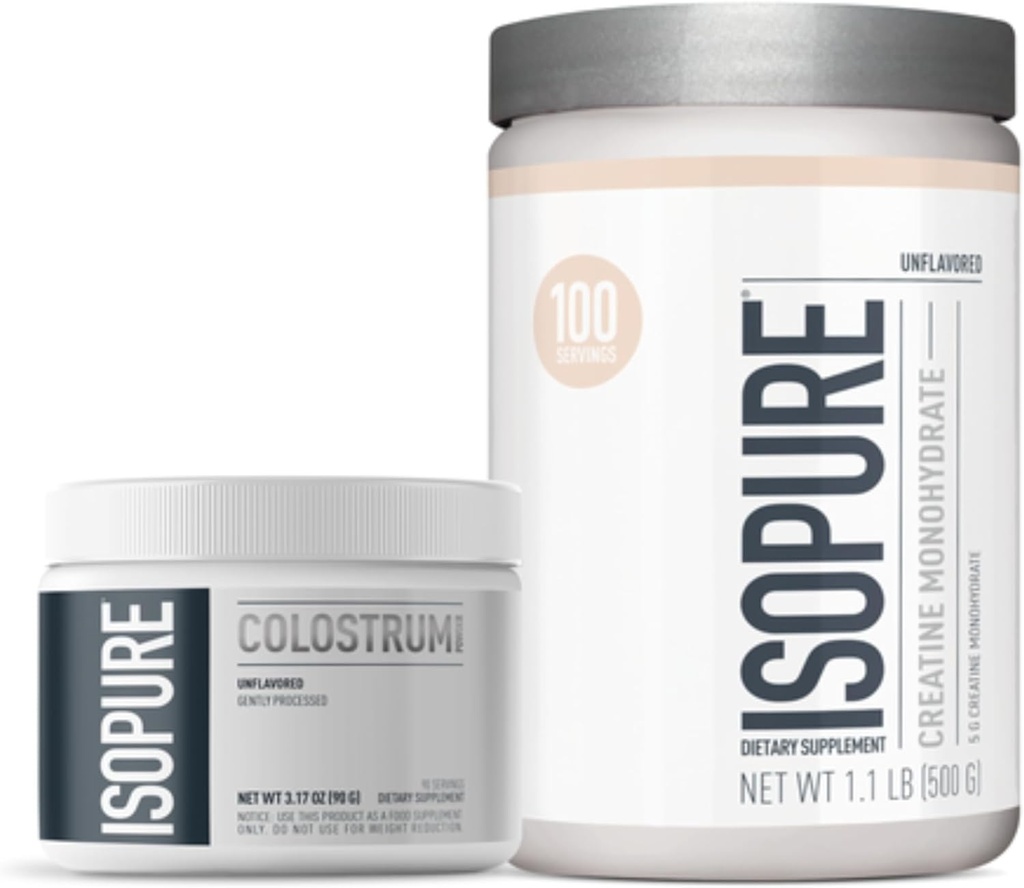 Paleta Żelaza do Colostrum Supplement Proszek, Delikatnie przetworzone, 90 Słupki + Izopura Nieflawored Kreatyna Monohydrat Proszek, 5g Monohydrat Kreatyny na Scoop, 100 Słupki, 500g