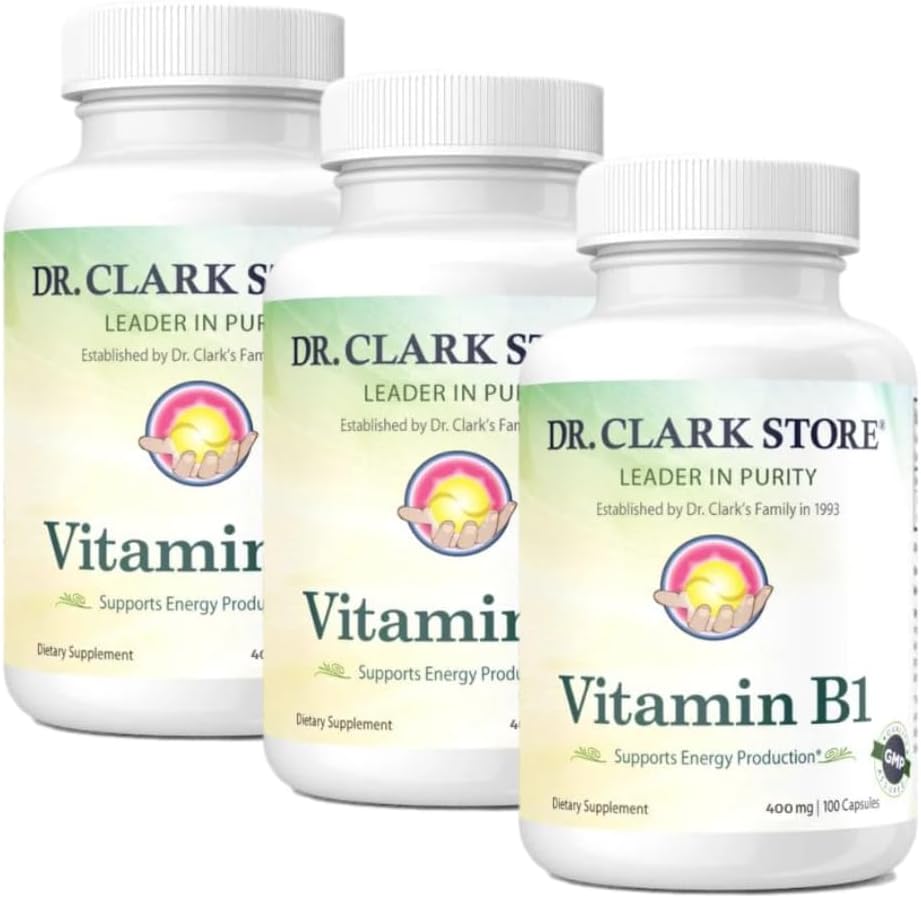 Bernard Jensen 's Dr. Clark Store Witamina B1 Tiamina 500 mg Suplement - Tiamina B1 Suplement do Zdrowego układu nerwowego i metabolizmu energii, bez glutenu, bez mleka - 100 Kapsułki żelatyny 3Pack