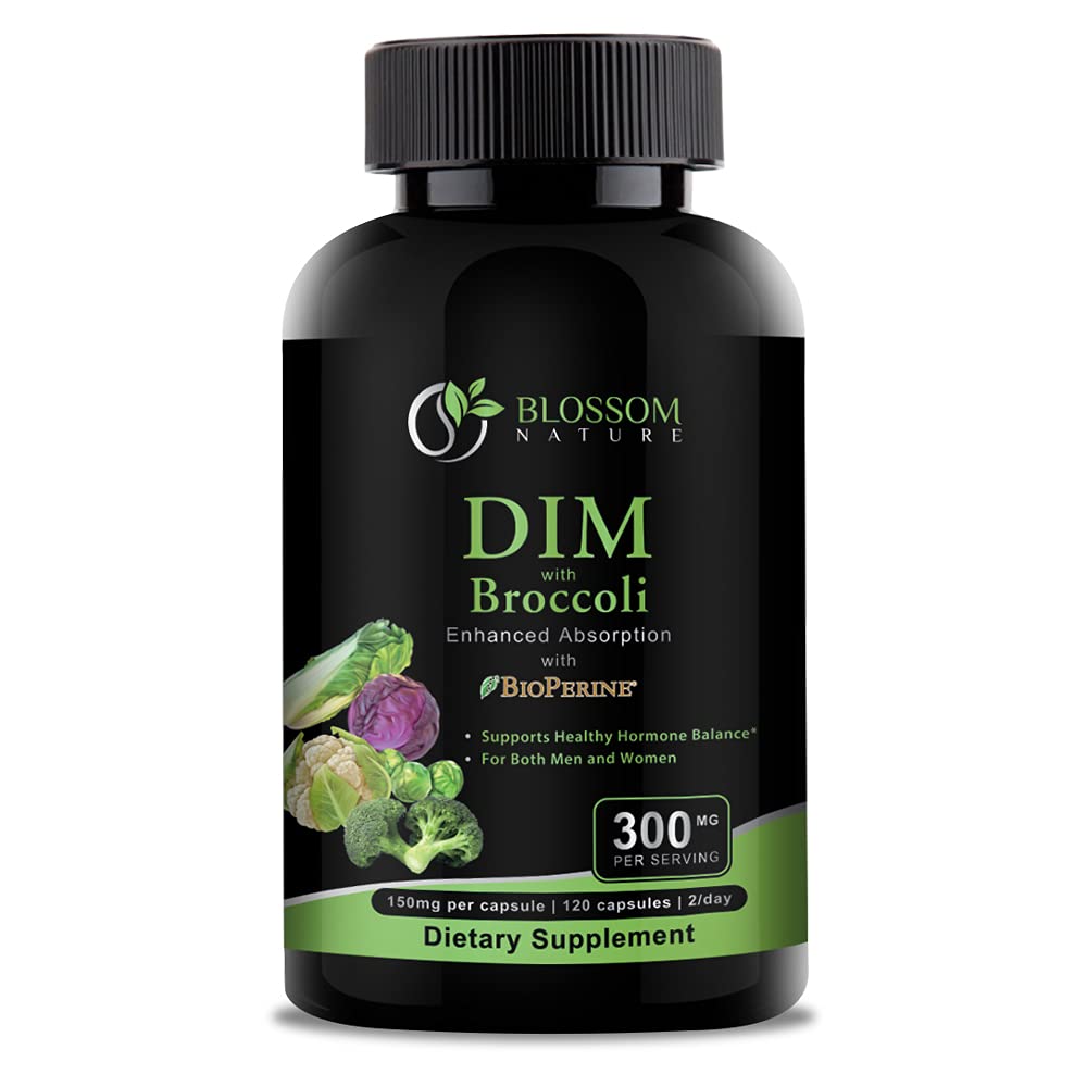 Suplement DIM 300mg z Broccoli 200mg BioPerine 10mg- Hormon i Estrogen Balance dla kobiet i mężczyzn, Menopauza Relief, PCOS & PMS Wsparcie, Hormonal Acne Treatment - 120 Caps, Diindolylmetan 150mg na Cap
