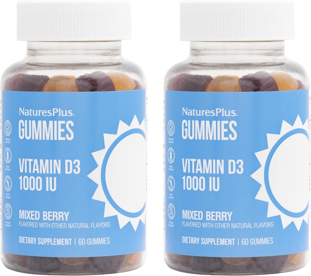NaturesPlus Gummies Witamina D3 1000 IU, Mieszane Wiśnie - 60 Gummies, Opakowanie 2 - Promotes Bone Health & Immune Function - Wegan, Gluten Free, Non-GMO - 120 Łączne służby