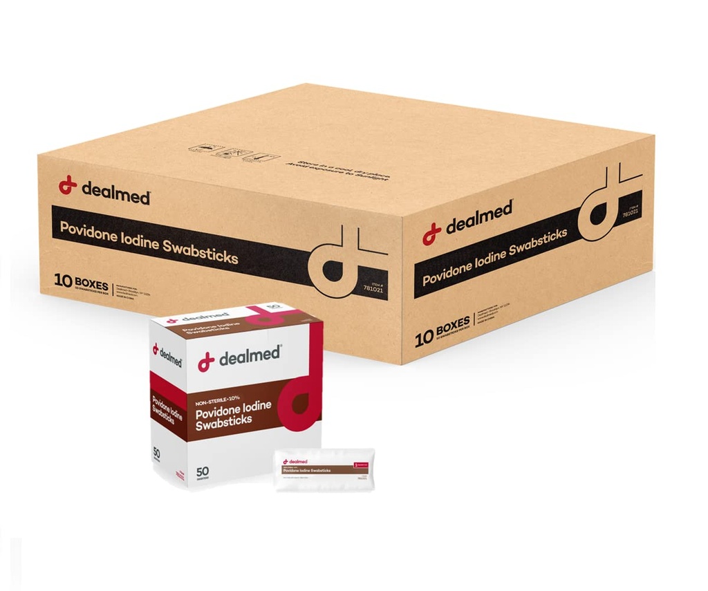 Dealmed Powidon Jod 10% Swabsticks - Indywidualnie uszczelnione pakiety idealne do pielęgnacji rany i przenośne zestawy pierwszej pomocy, 50 / Box (Przypadek 10)