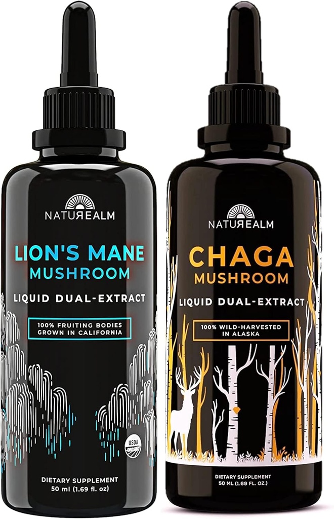 Ekstrakt Mushroom Mane & Chaga - Adaptogen Stack for Focus, Immunitet, Długowieczność, Stress Relief, Gut Health, Anti- Aging, Energy & More - Organic Liquid Drops - 50 ml Każdy (2 opakowania)