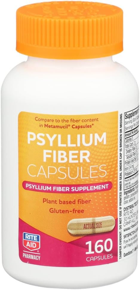 Rite Aid Psyllium Fiber Capsules, 160 Count, Psyllium Fiber Supplement, Xi124; Zaparcia Ulgi 124; 100% Natural Psyllium Husk Fiber Xi124; Pomaga Restore Regularność 124; Promotes Digestive Health