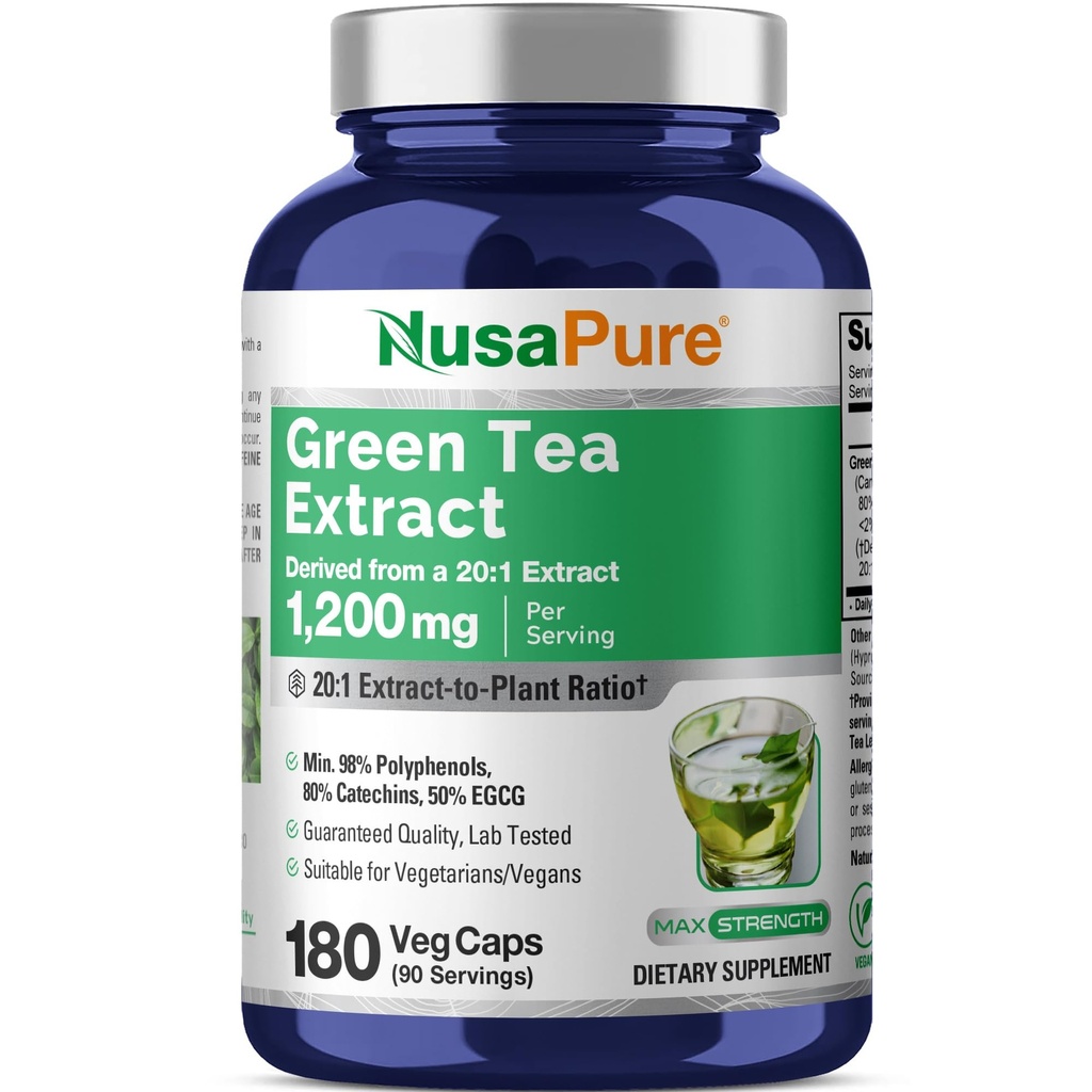 NusaPure Green Tea 20: 1 Extract, 1200 mg ekwiwalent 24000mg, 180 Kapsułek wegańskich, 50% EGCG, 98% Polifenoli, 80% Katechin
