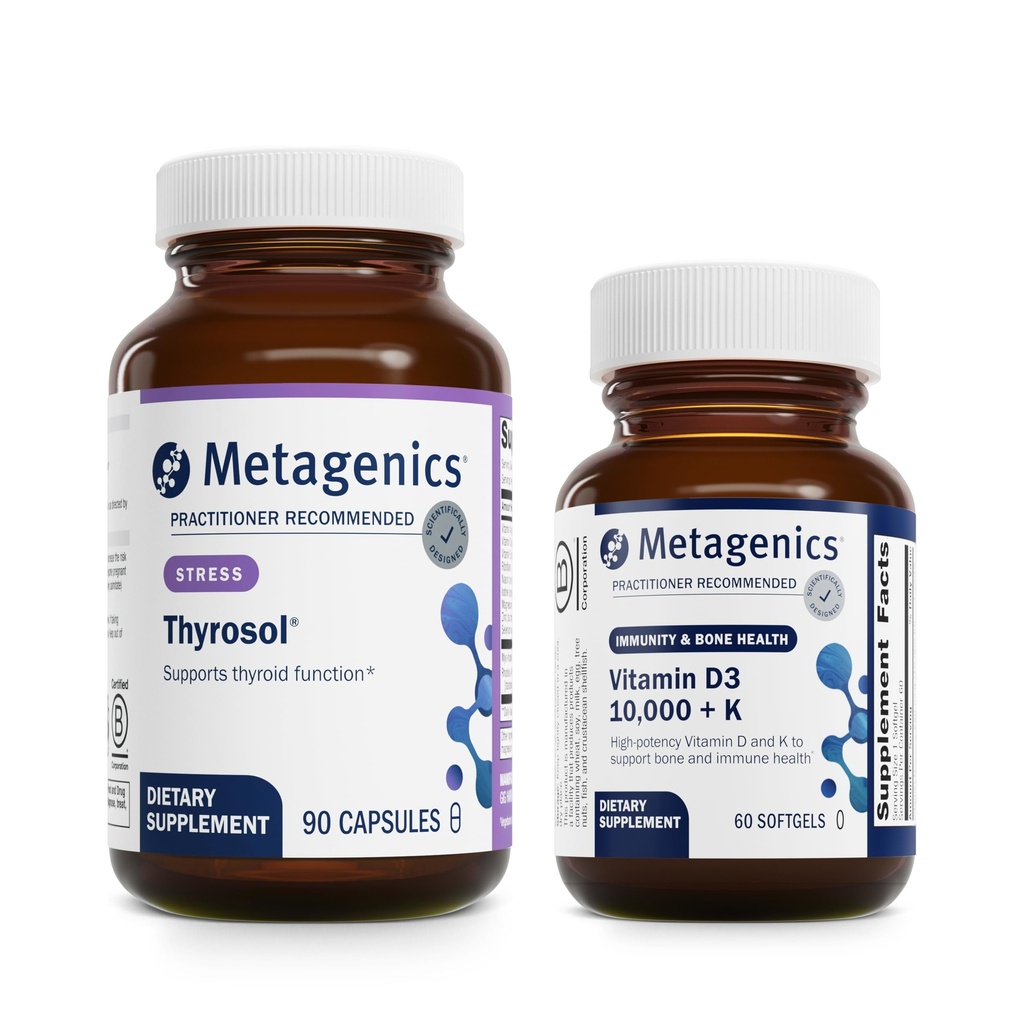 Metagenics Bundle - Thyrosol & D3 10 000 + K - 90 Hrabia Thyrosol for Thyroid Health - 60 Softgels of D3 10 000 + K for Immune Support, Bone Health & Heart Health