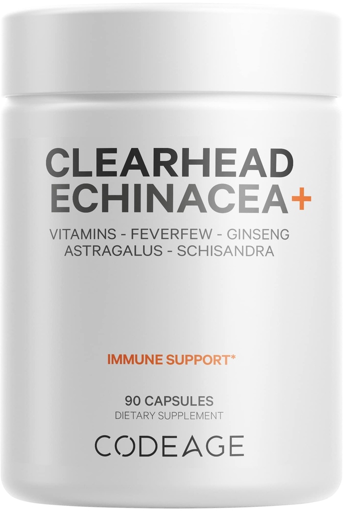 Codeage Clearhead Echinacea + Suplement - Echinacea, Schisandra, Feverfew, Coptis, American Ginseng, Astragalus, Czosnek, Probiotyki, Witaminy C & D3, Cynk, Selen - Witamina z czystej głowy - 90 Kapsułki