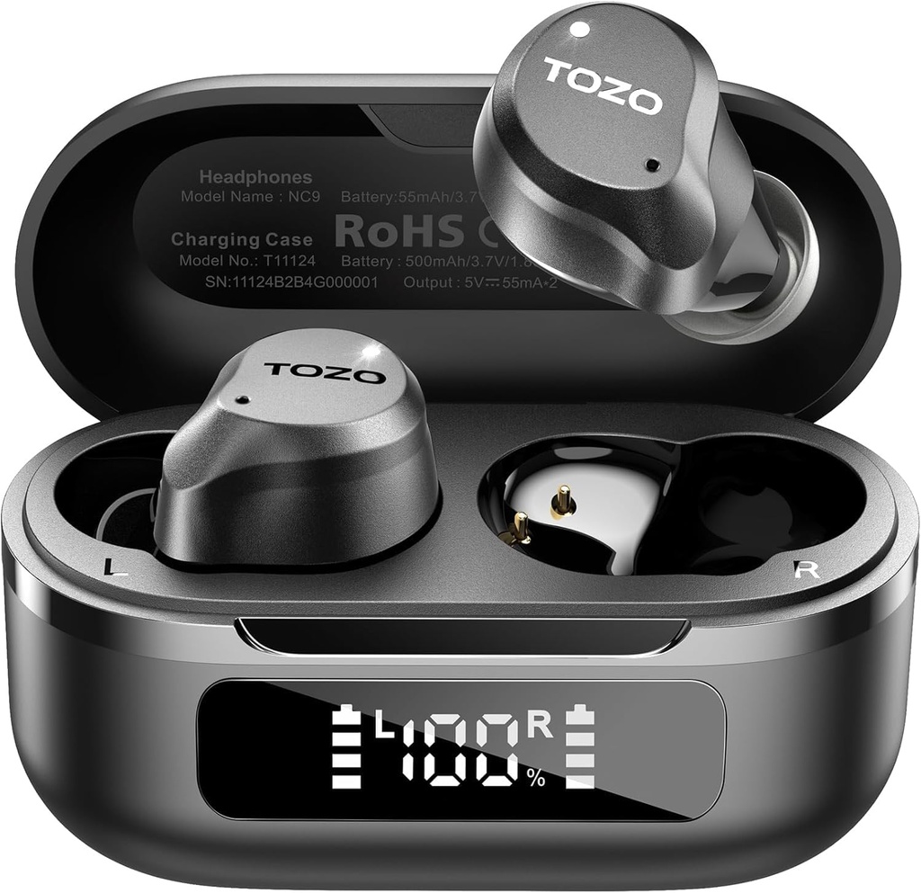 TOZO NC9 Hybrid Aktywny hałas Anulowanie bezprzewodowych słuchawek, 6 Mics ENC wyraźne połączenie, IPX8 wodoodporne, w Uszy Bluetooth 5.3 Słuchawki Stereo Bass Buds 59H Czas gry z diodowym wyświetlaczem 32 EQs poprzez APP