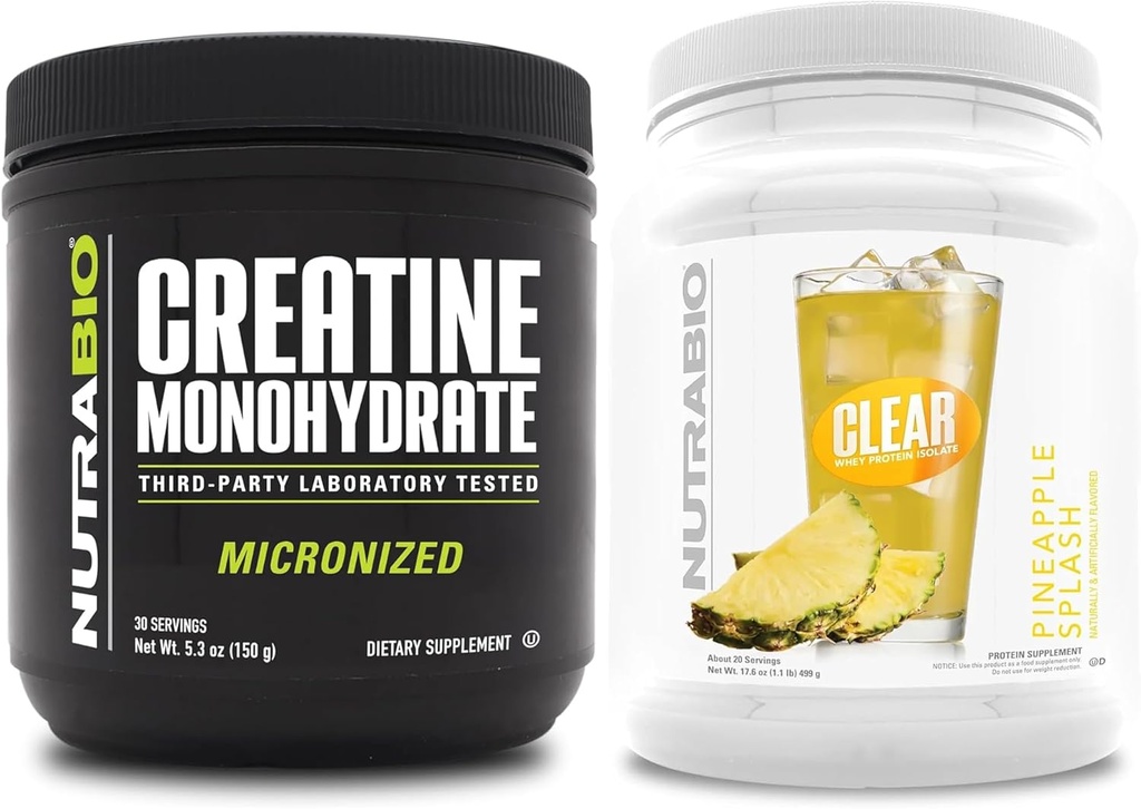 Monohydrat NutraBio Creatine, nieflaworyt, (150 g) i izolat białka z wyraźnej serwatki, (Ananas Splash) Suplement Bundle - Energia mięśniowa, maksymalny wzrost, odzysk i siła