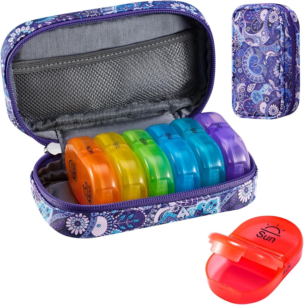 Serfeymi Cotygodniowy Travel Pill Organizator 2 razy w ciągu dnia PM Zmodernizowany Rainbow Pill Box 7 Dzień z przenośnym Zipper PU Leather Pill Case, Medicine Organizer for Pills, Witaminy, Oleje rybne - Purple- 01