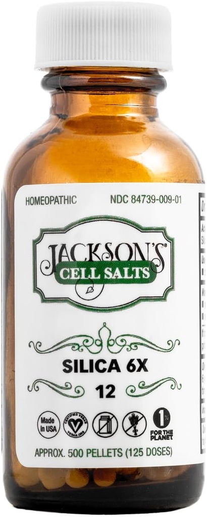 Jackson 's # 12 Cell Salt Silica 6X (500 Pellet Bottle) - Certified Vegan, Lactose- Free Schuessler Tisk Salt Silicea 6X (Made in The USA)