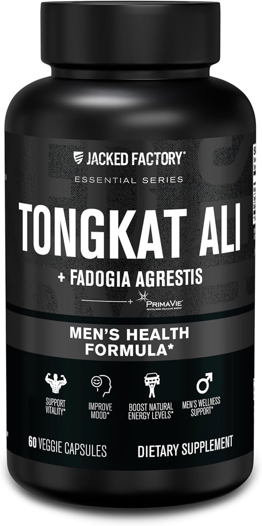 Jacked Factory indonezyjski Tongkat Ali + Fadogia Agrestis - 200: 1 Extract Longjack Tongkat Ali for Men with Fadogia Agrestis 600mg & Primavie Shilajit to Support Vitality, Energy, & Mood - 60 Capsules
