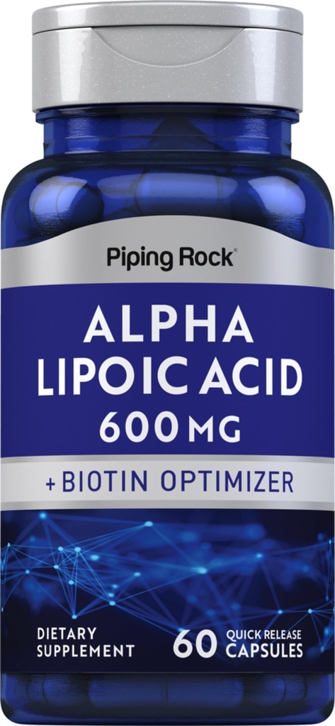 Piping Rock Alpha Lipoic Acid 600mg XI124; ALA z Biotin Optimizer XI124; 60 Kapsułki XI124; Non- GMO, Gluten Free Supplement