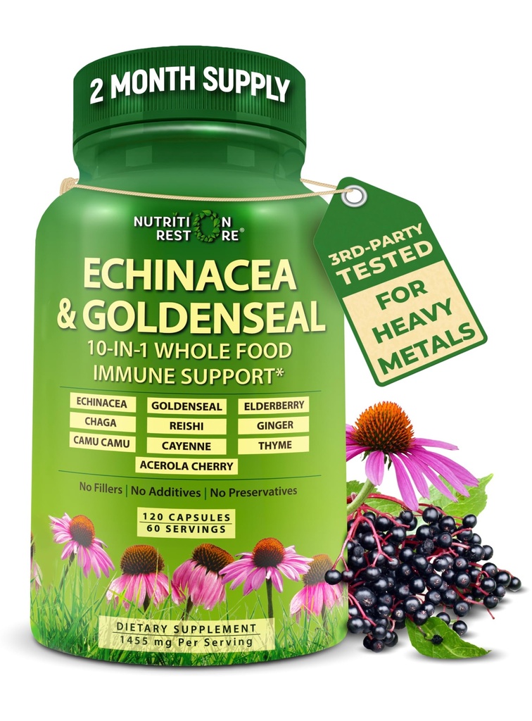 Echinacea Goldenseal kapsułki - 10 w 1 Suplement do wsparcia immunologicznego - 1455mg - Vegan Echinacea Suplement do kapsułek Made with Organic Whole Foods - Herbal Immune System Support - 2 Miesiąc Dostawy
