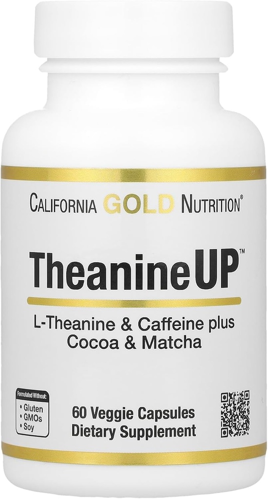 California Gold Nutrition TheanineUP ™, L- Theanine & Caepine Plus Cocoa, and Match, 60 Veggie kapsułki