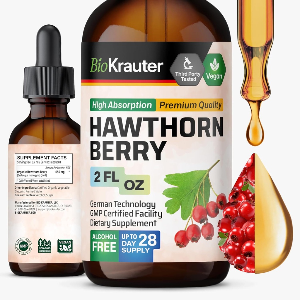 BIO KRAUTER ® Hawthorne Berry Supplement - Pure Vegan Hawthorn Berry Liquid Drops 655 mg per serving 2 Fl.Oz 28 Dni dostaw - Używane do ogólnego wsparcia & Codzienne Wellness - Alkohol & Cukier Free