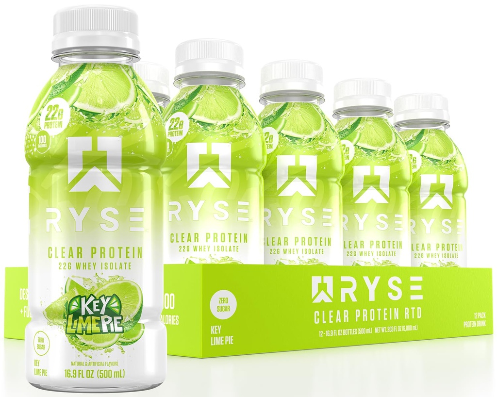 Przezroczysty napój białkowy RYSE - Key Lime Pie - 100 Calories, 22g Whey Isolate Protein Shake, Sugar- Free, 0g Fat & Lactose- Free - Odświeżające Ready- to- Drink Napoje - 16.9 fl oz Butelki (12- Pack)