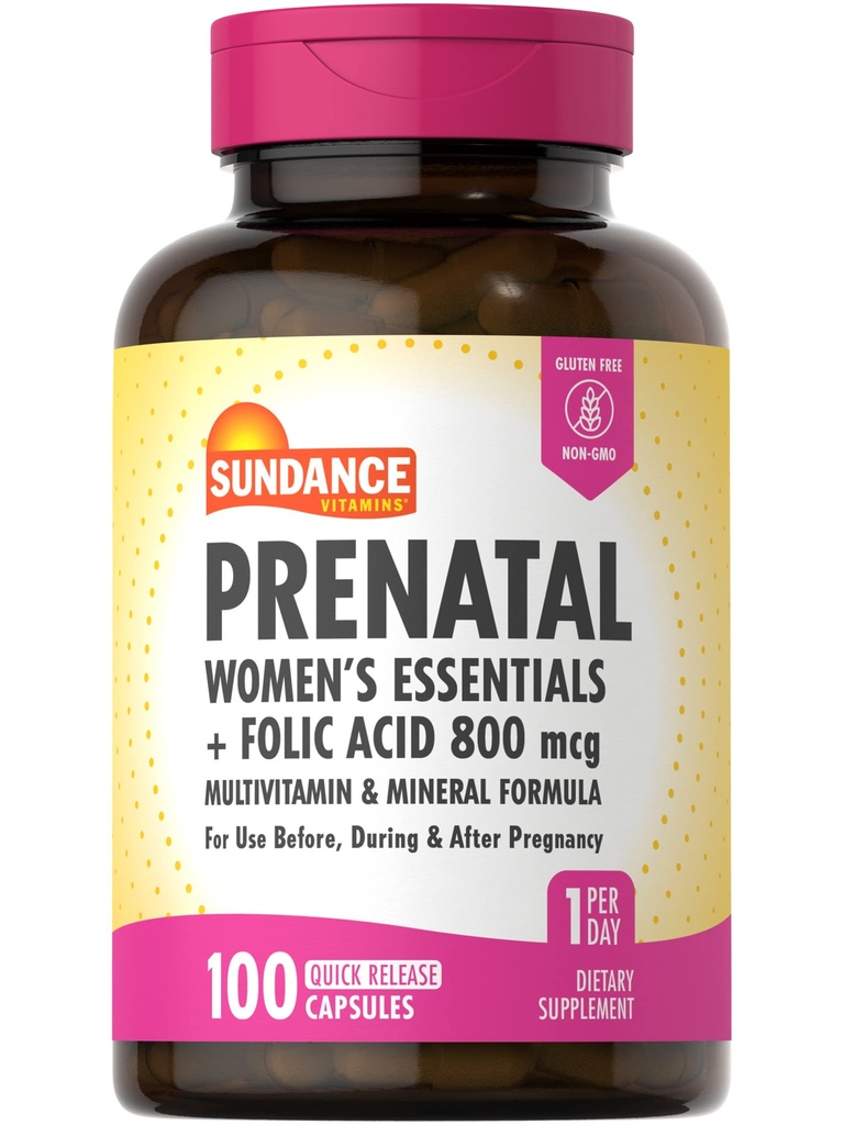 Sundance Prenatal Multivitamin Amend124; z kwasem foliowym 124; 100 Kapsułki szybkiego uwalniania 124; 800 µg Amend124; Non- GMO, Gluten