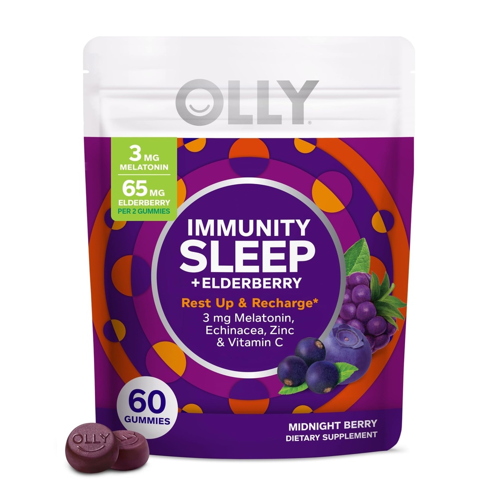 OLLY Immunitet Sleep Gummy, Immune and Sleep Support, 3mg Melatonina, Echinacea, Cynk, Witamina C, Suplement do żucia, Berry - 60 Count