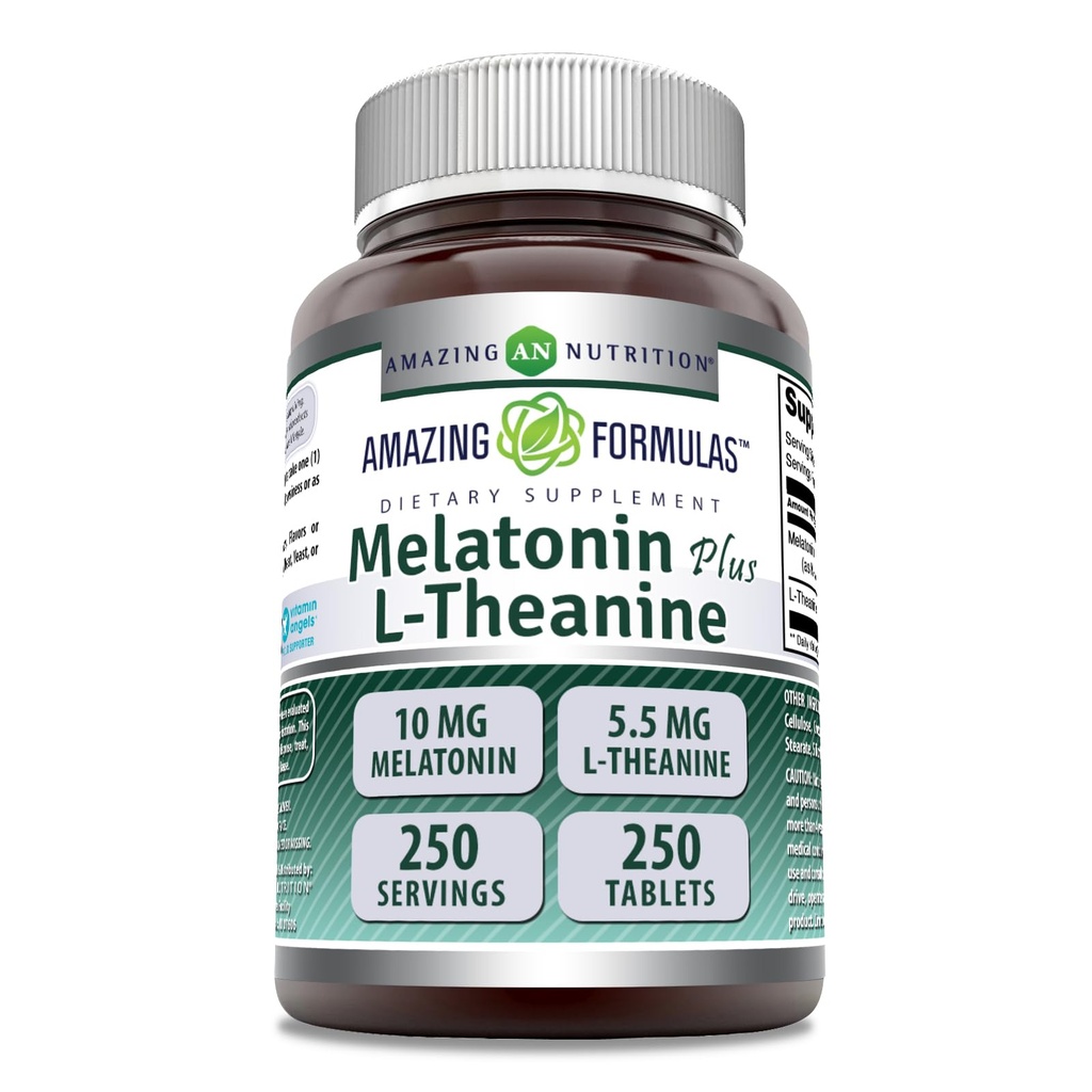 Amazing Melatonin Plus L- Theanine 10 mg Tablets Supplement Equipment 124; Non-GMO Equipment 124; Gluten Free Equipment 124; Made in USA (10 mg, 250, Count)