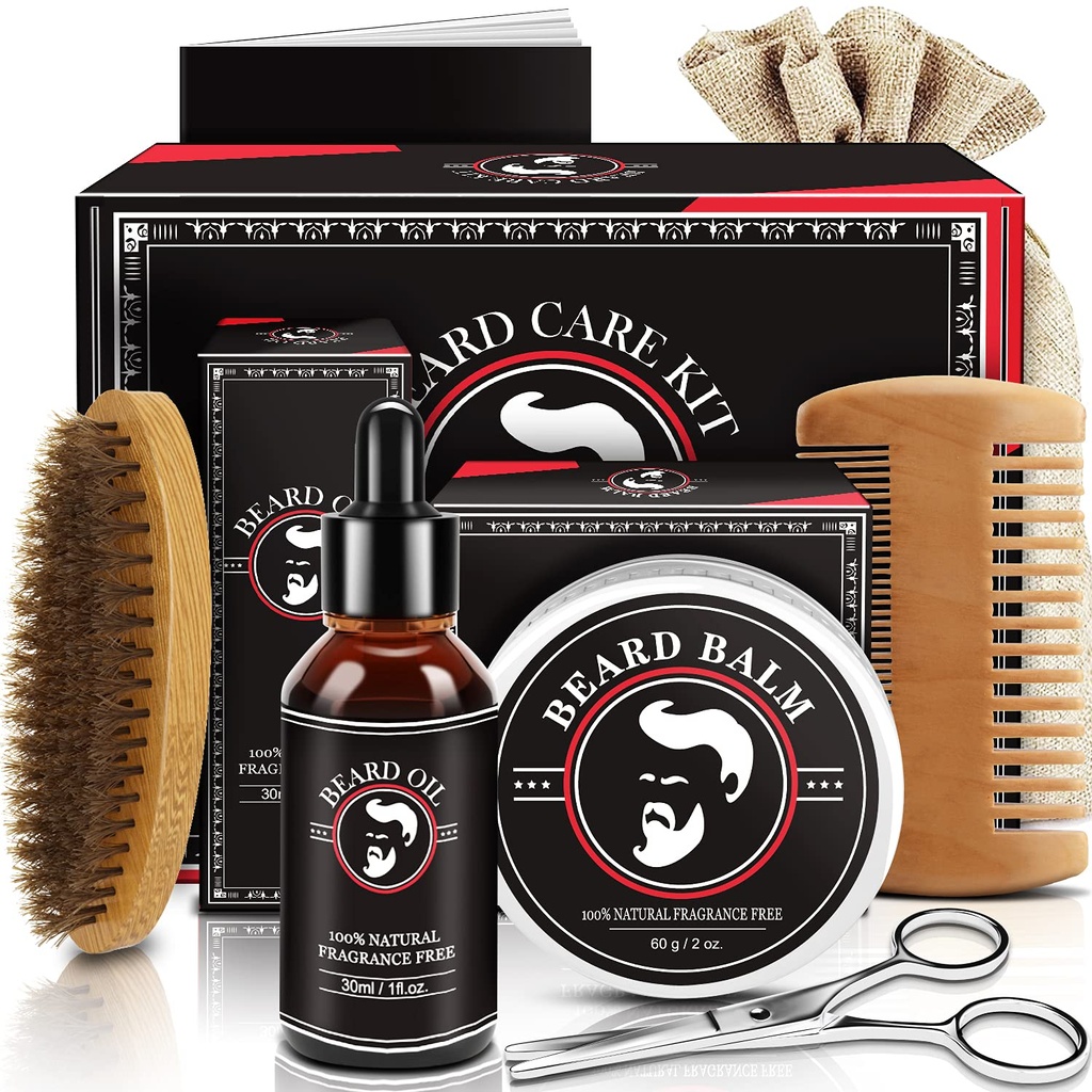 Fathers Day Dad Gifts, Beard Kit for Men, Beard Growth and Grooming Kit w/Beard Oil Beard Balm Beard Brush Beard Comb Beard Scissors, Birthday Gifts for Men Husband Him Grandpa Boyfriend Son Brother