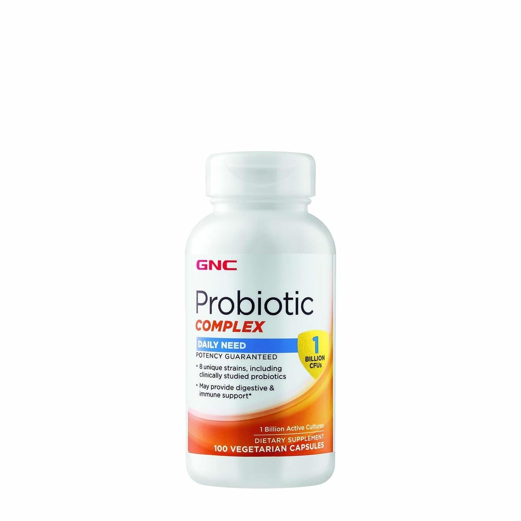 GNC Probiotic Complex Daily Need Supplement, Zapewnia wsparcie pokarmowe i immunologiczne, 1 Miliard CFU, 100 Kapsułki wegetariańskie, 100 Sługi