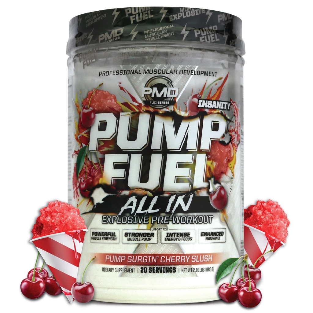 PMD Sports Pump Fuel All in Insanity, Ultimate Pre Workout Powder & Muscle Pompa, Maksymalna energia sił, Focus, Endurance & Recovery, Creaine & Beta Alaine, Pompa Surgin 'Cherry Slush, 20 Służenia