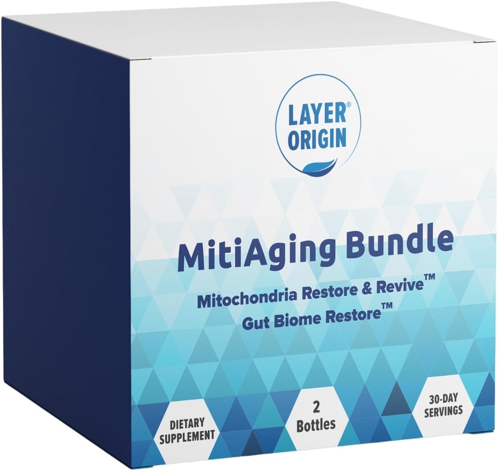 Layer Origin MitiAging Bundle, Anti-Aging 2- Butelka: Gut Biome Restore i Mitochondria Revive - Boost Cellular Health Natural, 30 Day Supply