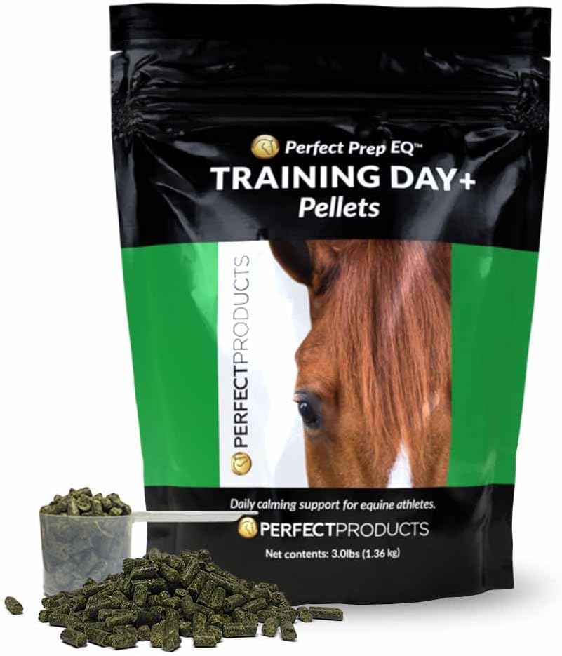 Idealny dzień treningu EQ + Pellets Pokaż bezpieczny suplement do uspokajania koni (3 lb)