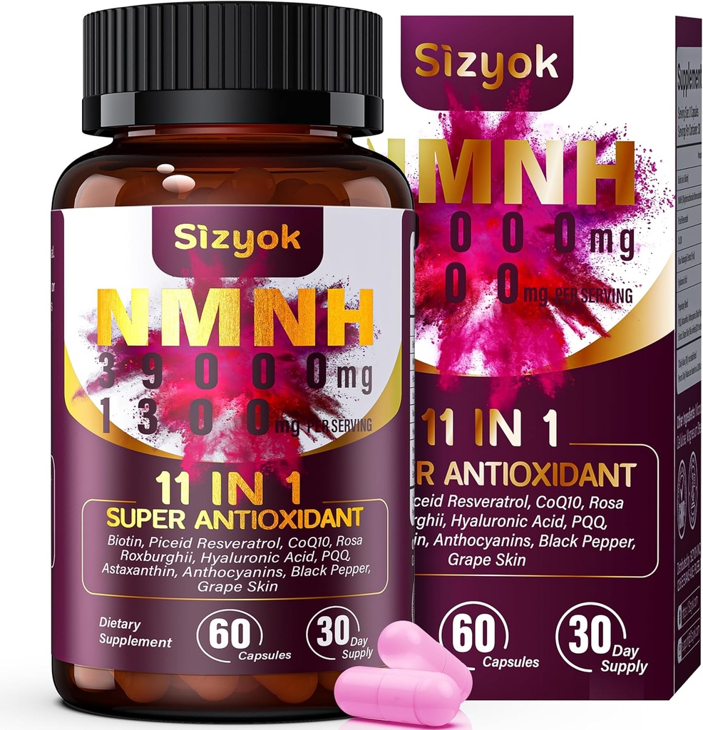 Suplement NMNH (Mononukleotyd dihydronikotynamidu) 600mg Suplement z Resveratrol, CoQ10, Biotin & Kwas hialuronowy 124; Wsparcie energii komórkowej, Metabolizm i Wellness skóry, 60 kapsułki