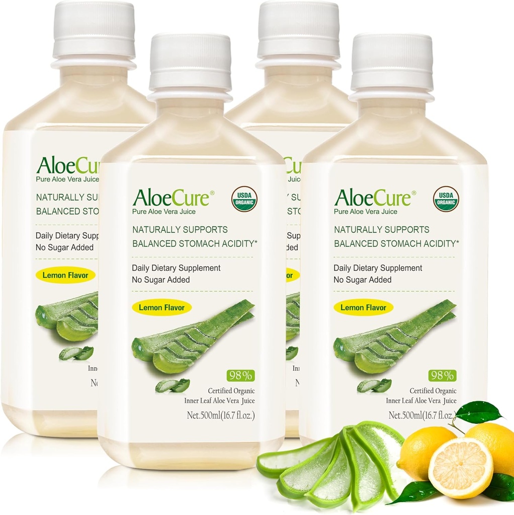 AloeCure USDA Organic Aloe Vera Sok Lemon Flavor - Made In 12 Hours of Harvest - Natural Digestive Supplement for Balanced Stomach Acidity - Support Digestive and Immune Health, 4 Btls x 16.7oz