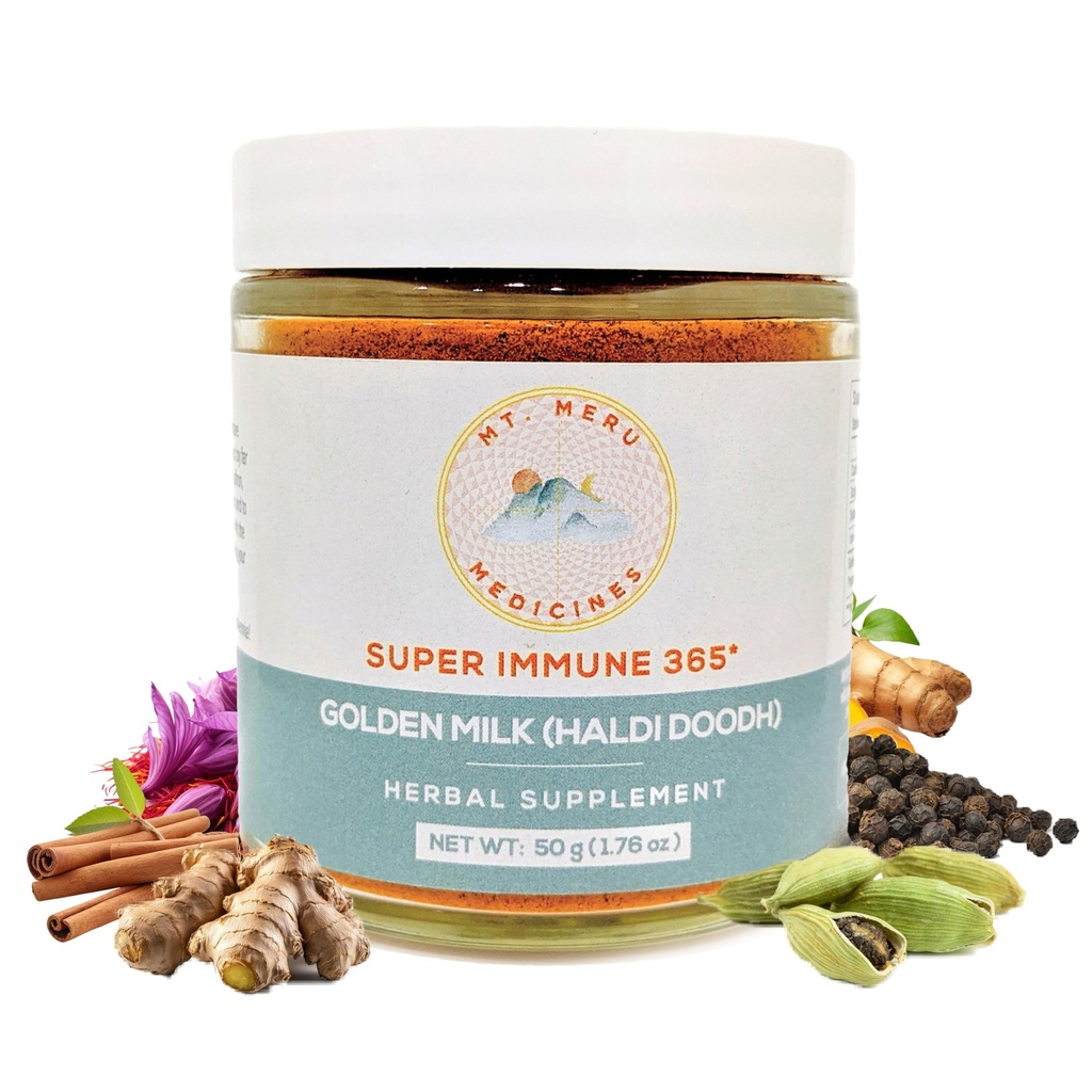 Mt.Meru Medicines Ayurvedic Haldi Doodh / Golden Milk Superblend- z formułą immunologicznego wzbogacania, Gluten- Free, dla zdrowia mózgu, Gut Support z wysokiej kurkuminy Lakadong Turmeric (1.76oz / 50g)