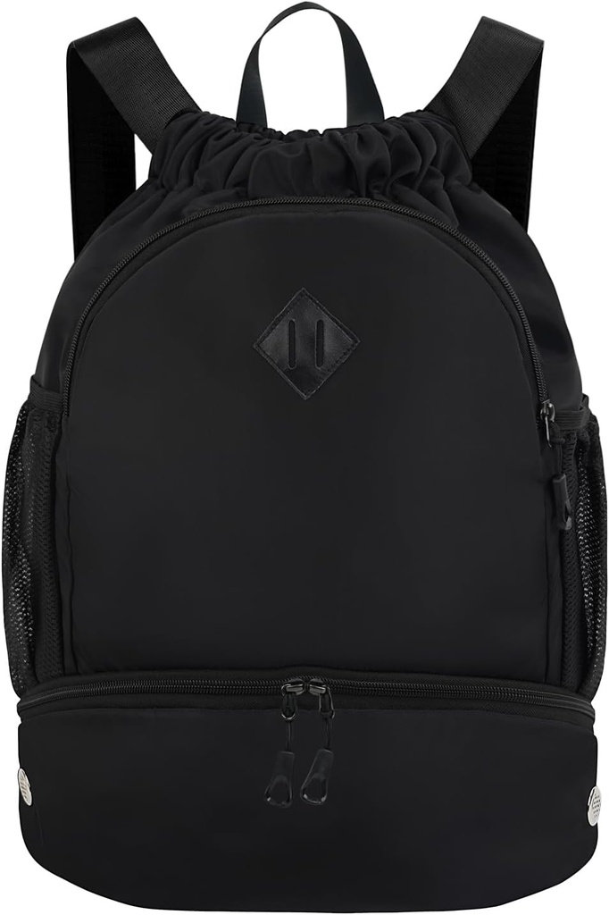 Drawstring Backpack Siłownia Plecak z obuwiem dla mężczyzn Women String Sports Bag z mokrą kieszeń Cinch Swim Beach Bag, Czarny (Patent oczekujących)