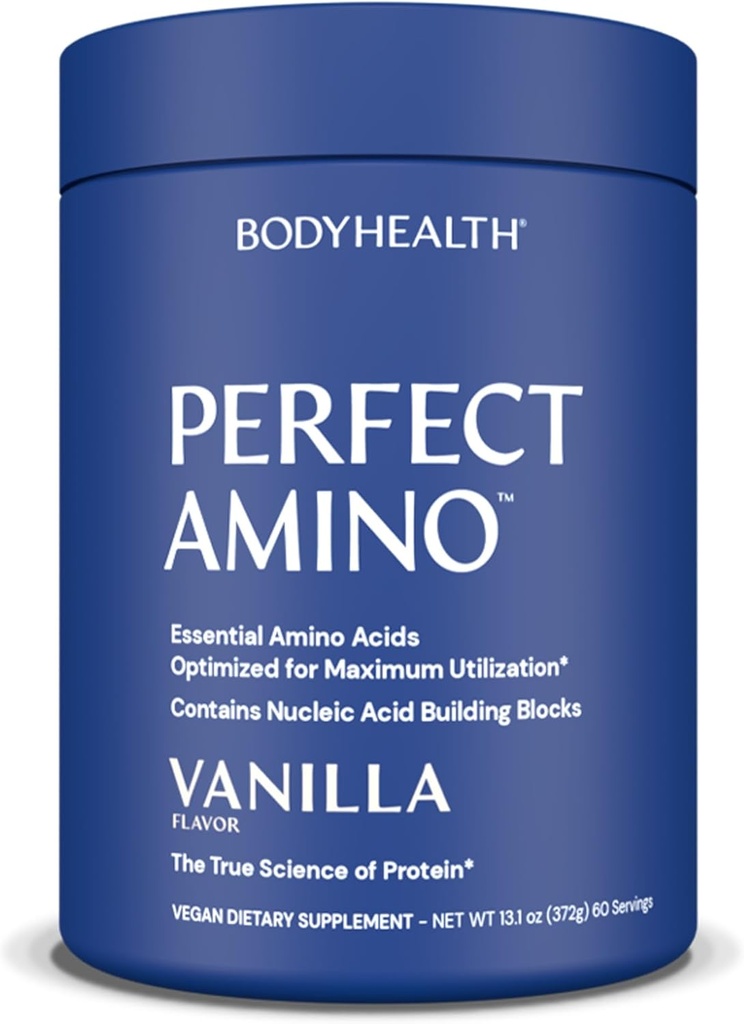 BodyHealth PerfectAmino Proszek - BCAA i EAA Proszek do ćwiczeń przed i po - Amino Acid Energy Drink dla mężczyzn i kobiet do wsparcia Lean Muscle and Recovery - Vanilla - 60 Służenie