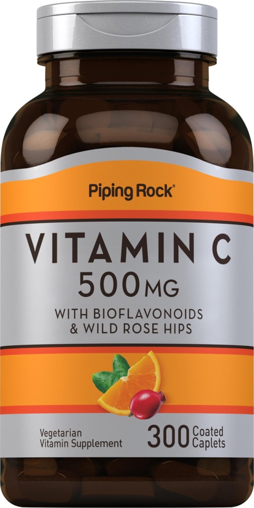 Piping Rock Witamina C 500mg XI124; 300 Kapulety XI124; z Rose HIPS i Bioflavonoids XI124; Suplement dla kobiet i mężczyzn XI124; Wegetarianin, Non-GMO, Gluten Free