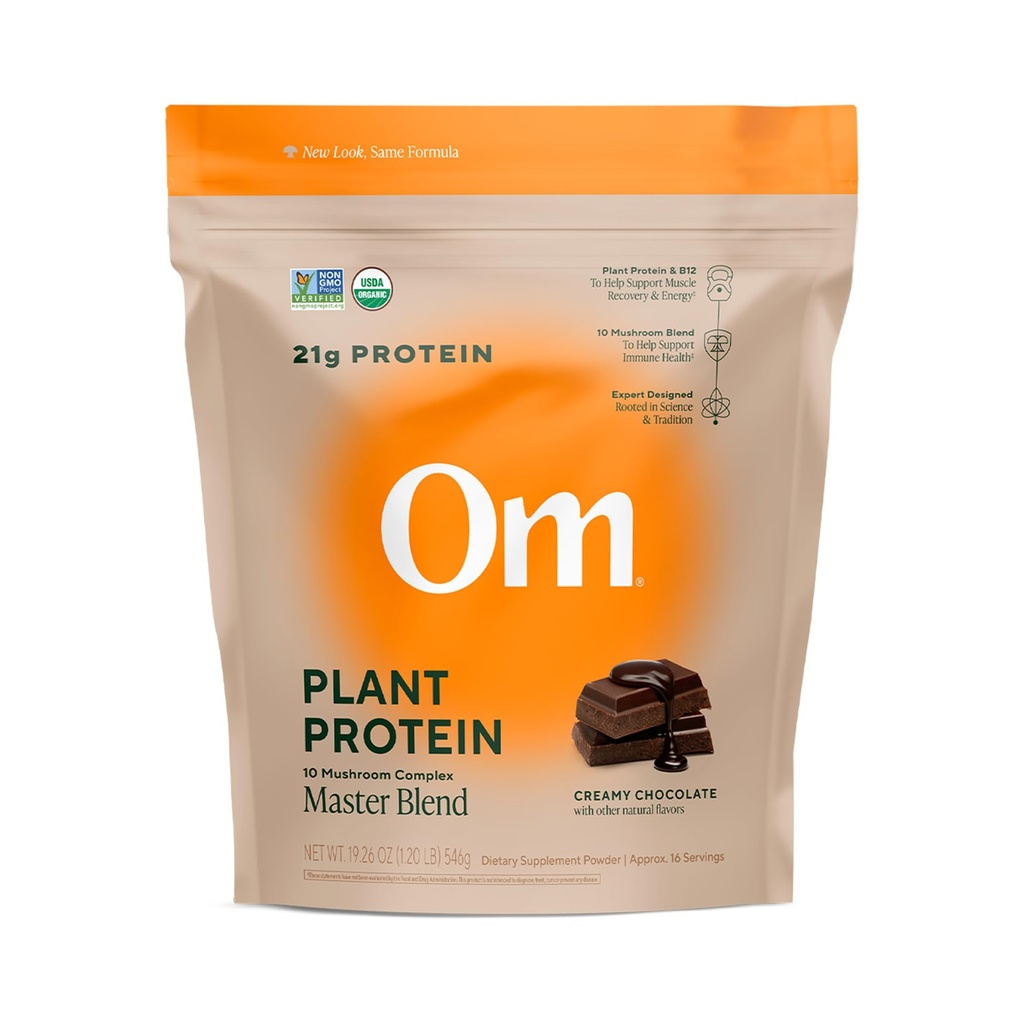 OM MUSZKA SUPERFOOD Master Mieszać Vegan Protein - Organic Chocolate Plant Protein z 10 Grzyby, Ashwagandha, BCAA & B12 - Energia, Odzysk i wsparcie immunologiczne - 1.2 lb (16 Sług)