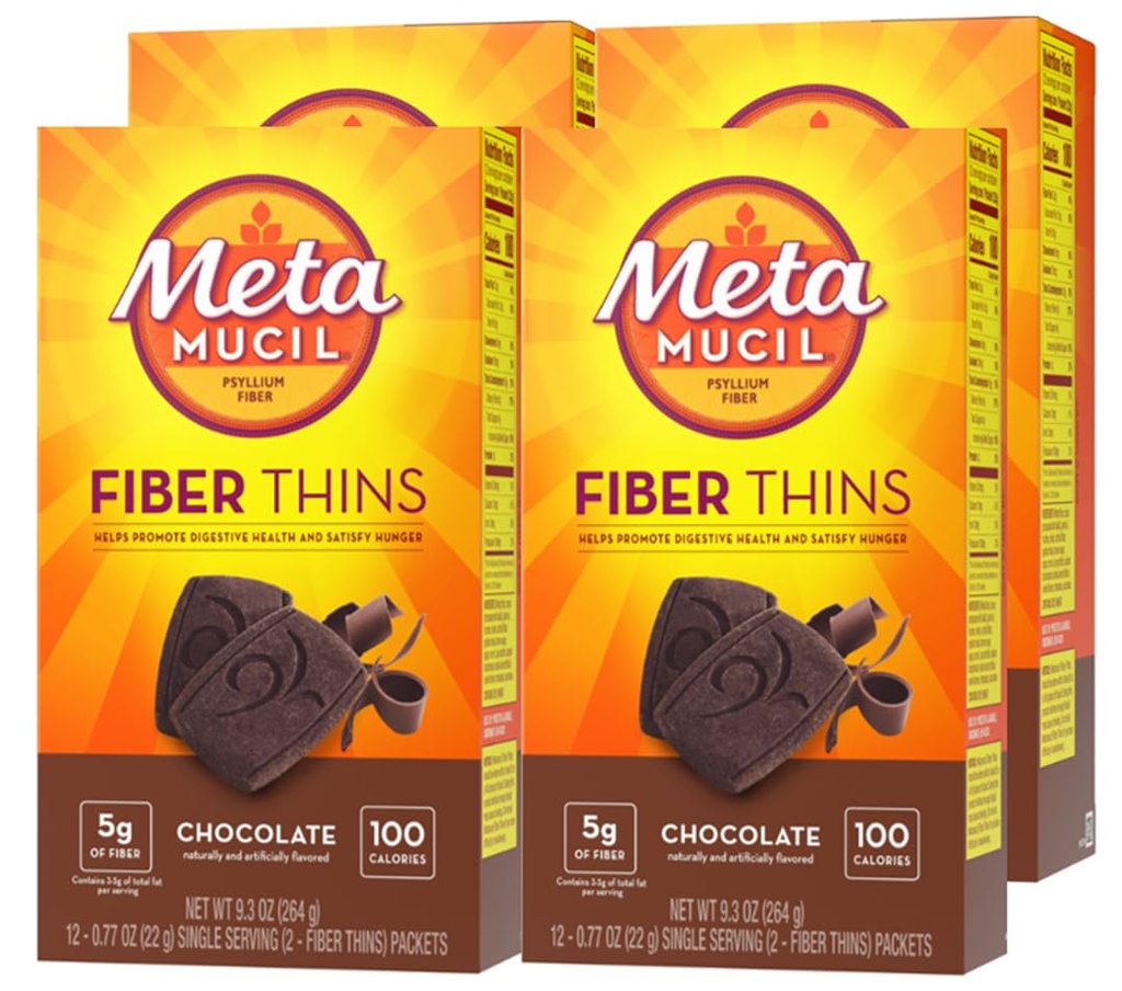 Metamucyl, cienki włókno, Codzienne Pzyllium Husk Fiber Supplement, Wspiera Digestive Health i Zadowola Głód, Czekoladowy Flavor, 48 Łączne służby (4 opakowania po 12)