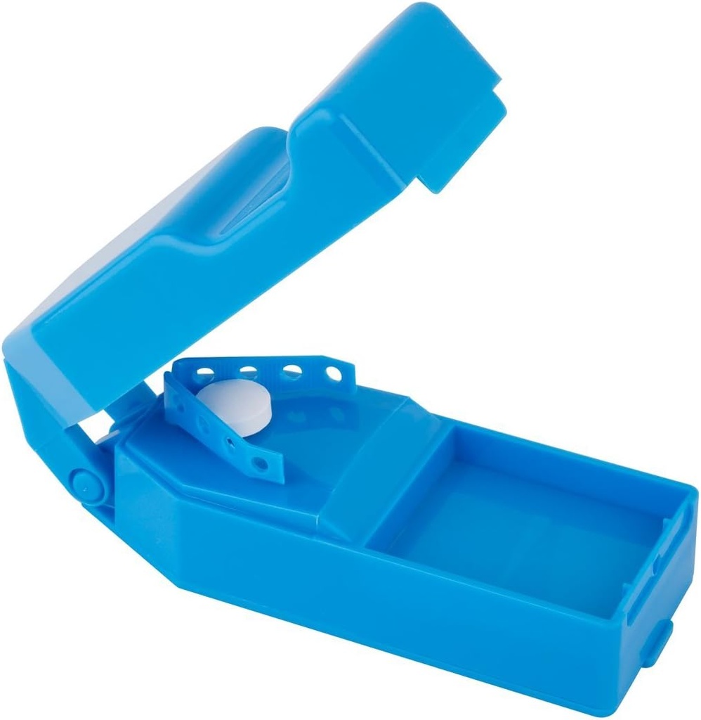 EZY DASE Pill Cutter i Splitter z dispenser, Cuts Pills, Witaminy, Tablety, Stal nierdzewna Ostrze, Travel Sized, Bezpiecznie Cut Pills i witaminy, Łatwy w użyciu, Kolor może Wary, BPA Free