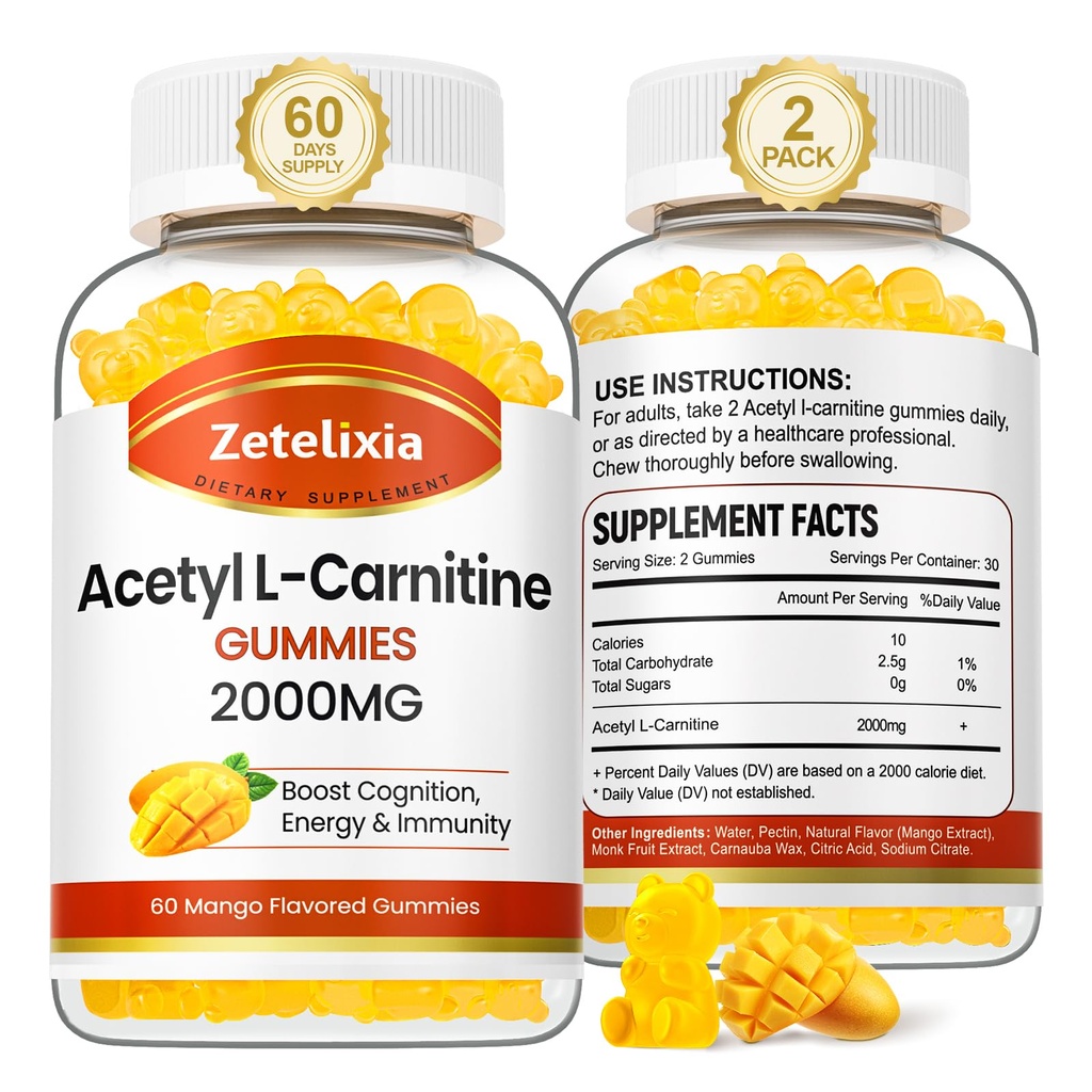 2 Pack Acetyl L- Karnityny Gumiaki, L- Karnityna Suplement dla Kobiet i Mężczyzn, Suplement odżywczy dla Boost Energy, Immunitet & Zdrowie mózgu, Wegan, Non-GMO, Mango Flavor, 120 Count